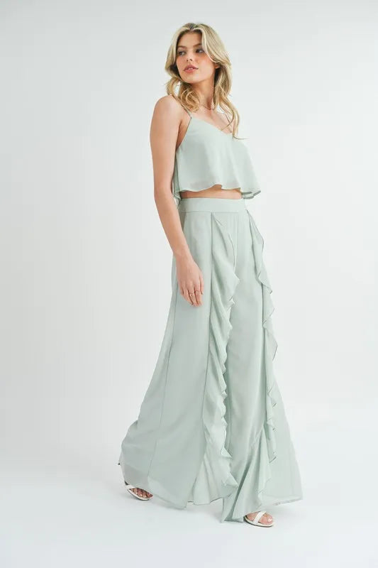MABLE Crop Cami and Ruffled Wide Leg Pants Set Outfit Sets