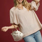 Umgee Texture Puff Sleeve Notched Blouse Stone - DAVERRI FASHIONS