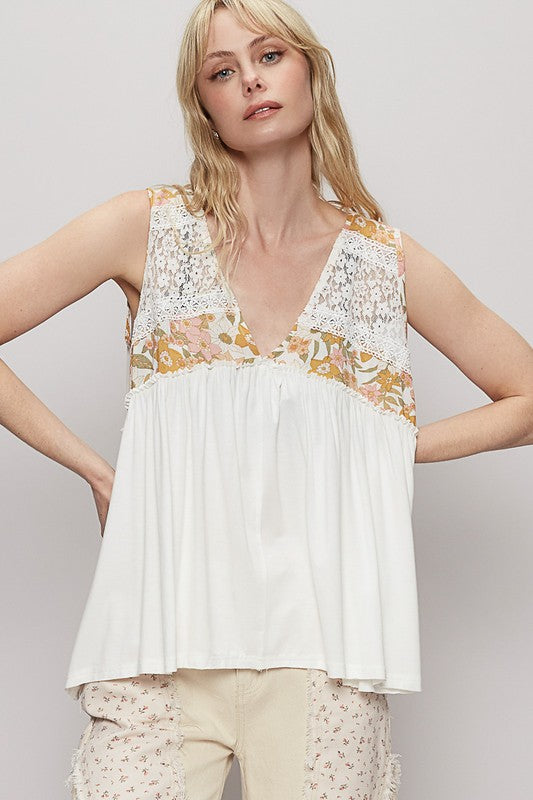 POL Lace Detail Frill Floral V-Neck Sleeveless Top Ivory