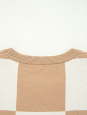 Beige and white checkered loose drop shoulder half sleeve sweater