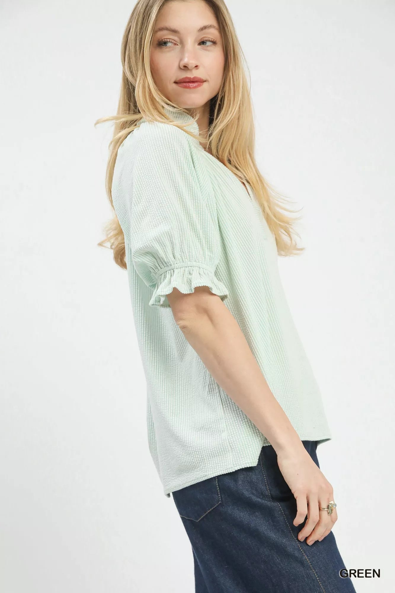 Light green Umgee textured ruffle sleeve V-neck blouse with subtle stripes
