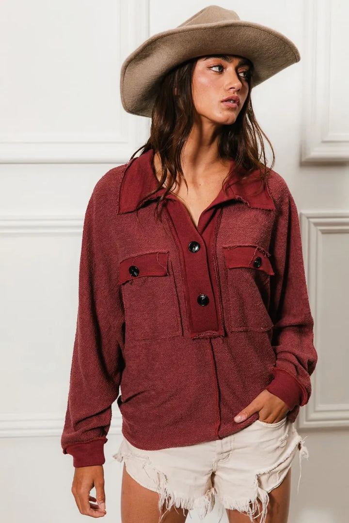 BiBi Cp French Terry Cut Edge Detail Collared Top | Tops Daverri Fashions