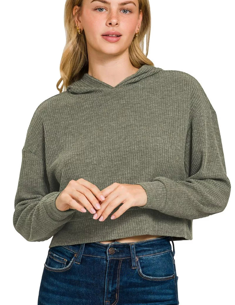 DK OLIVE Drop Shoulder Ribbed Crop Hoodie Dk Olive | Hoodies Daverri Fashions