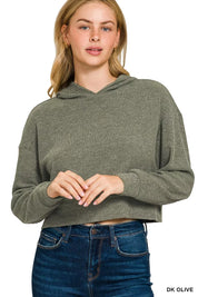 DK OLIVE Drop Shoulder Ribbed Crop Hoodie Dk Olive | Hoodies Daverri Fashions