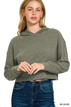 Drop Shoulder Ribbed Crop Hoodie Dk Olive - DAVERRI FASHIONS
