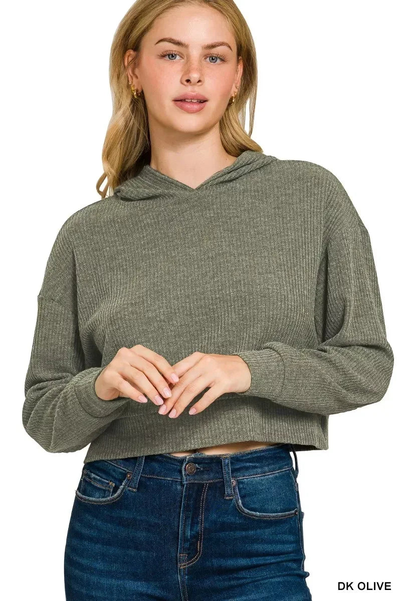 Drop Shoulder Ribbed Crop Hoodie Dk Olive - DAVERRI FASHIONS