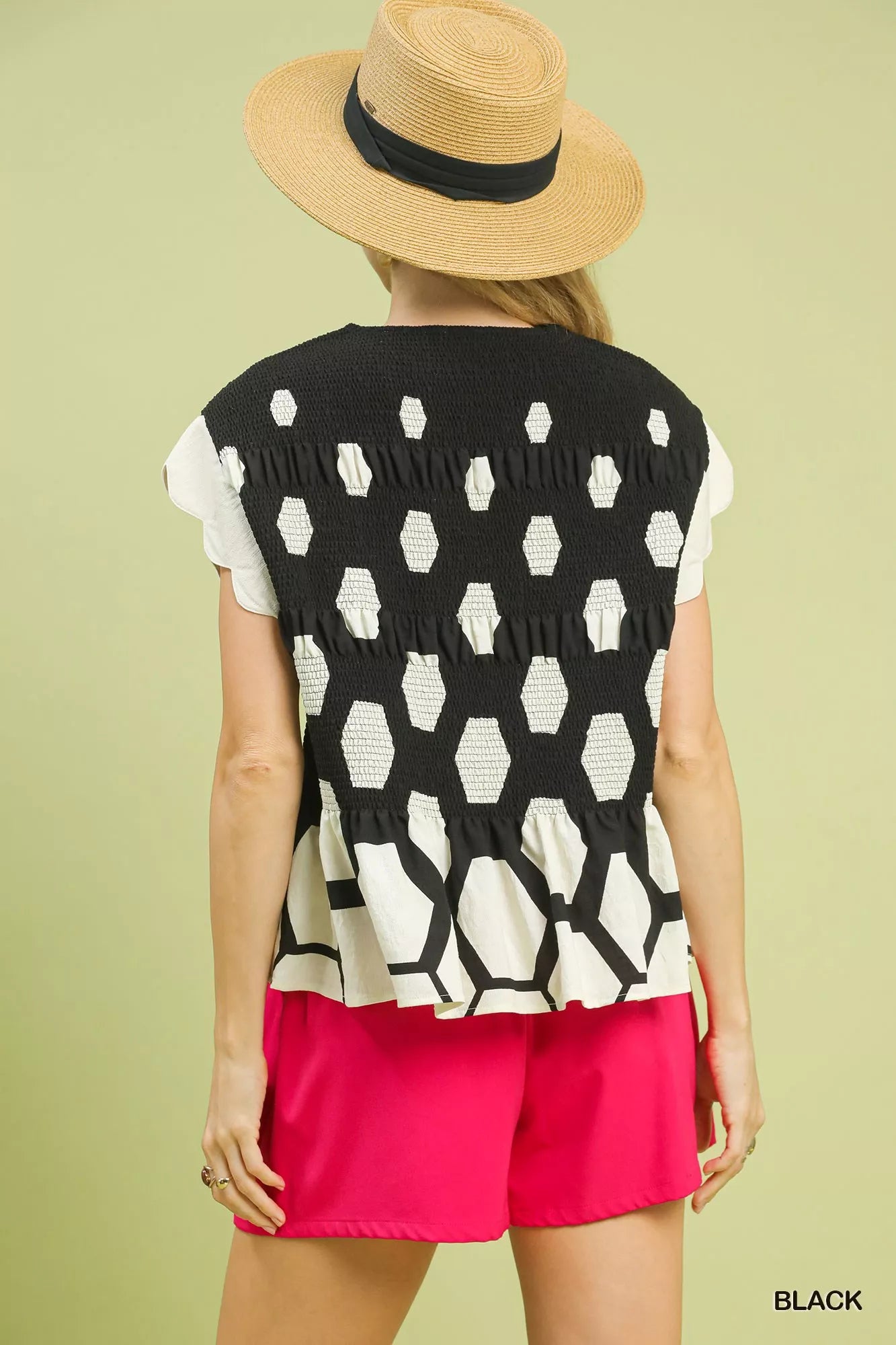 Umgee Hexagon Print Peplum Top with black and white geometric pattern