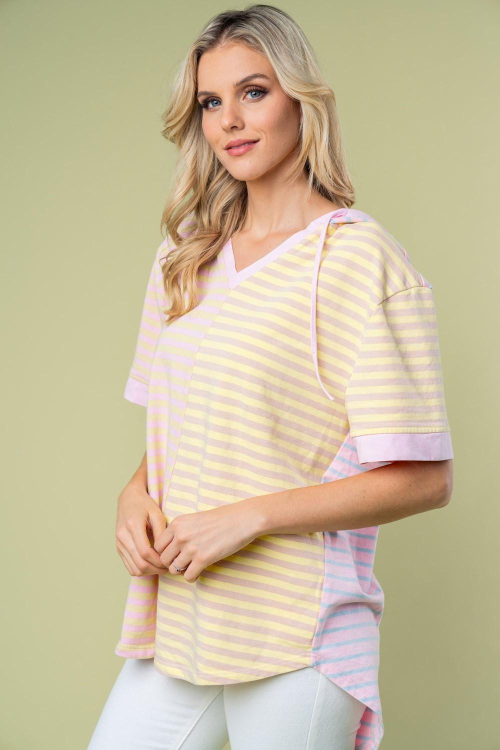 Striped Short Sleeve Drawstring Hooded Top Tops