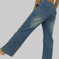 Wide leg contrast stitching jeans in blue denim with relaxed fit and elastic waistband