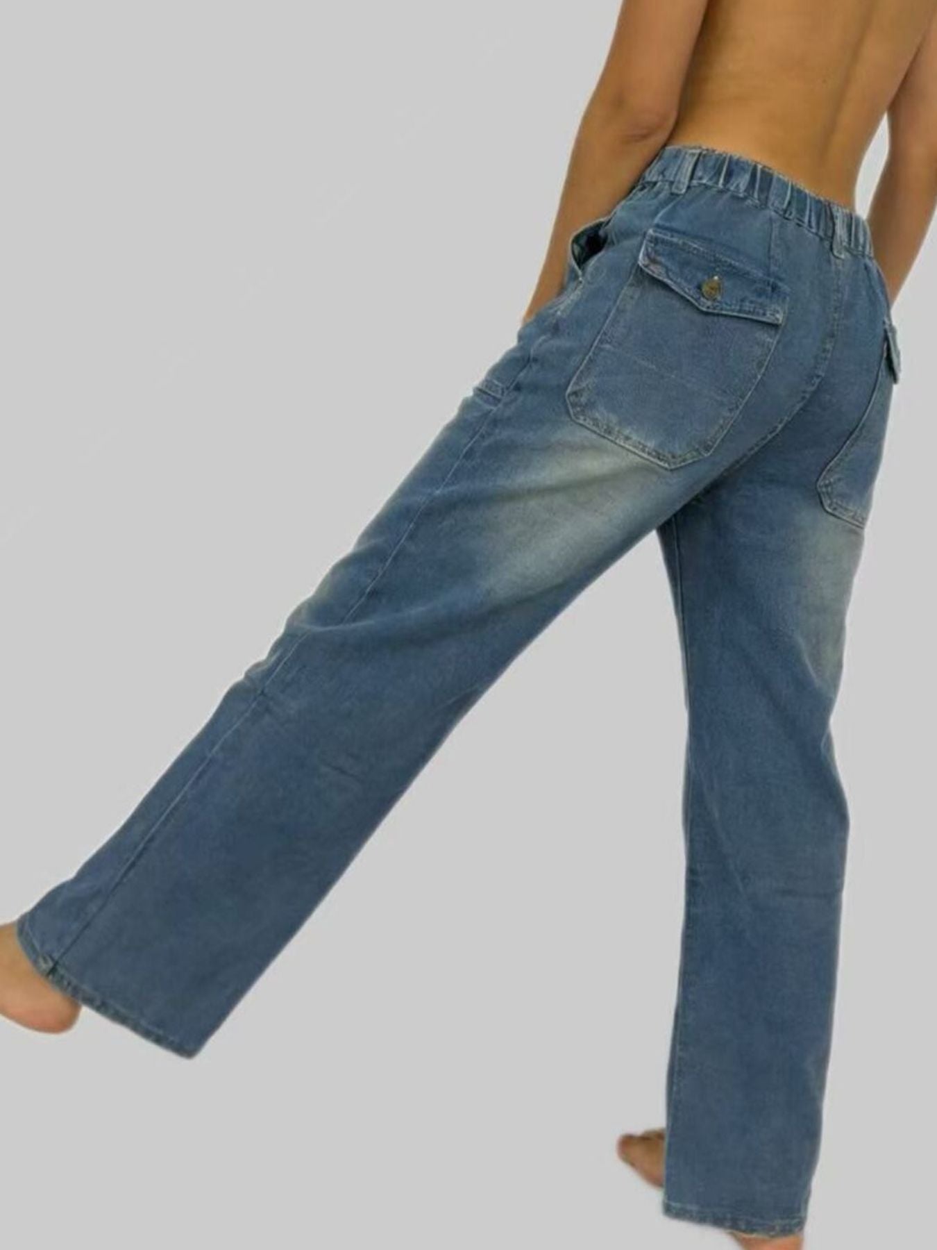 Wide leg contrast stitching jeans in blue denim with relaxed fit and elastic waistband