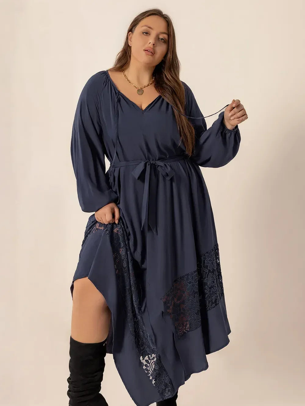 Plus Size Lace Detail Tie Neck Long Sleeve Midi Dress - DAVERRI FASHIONS