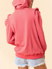 Coral striped hoodie with ruffled shoulders and drawstring hood