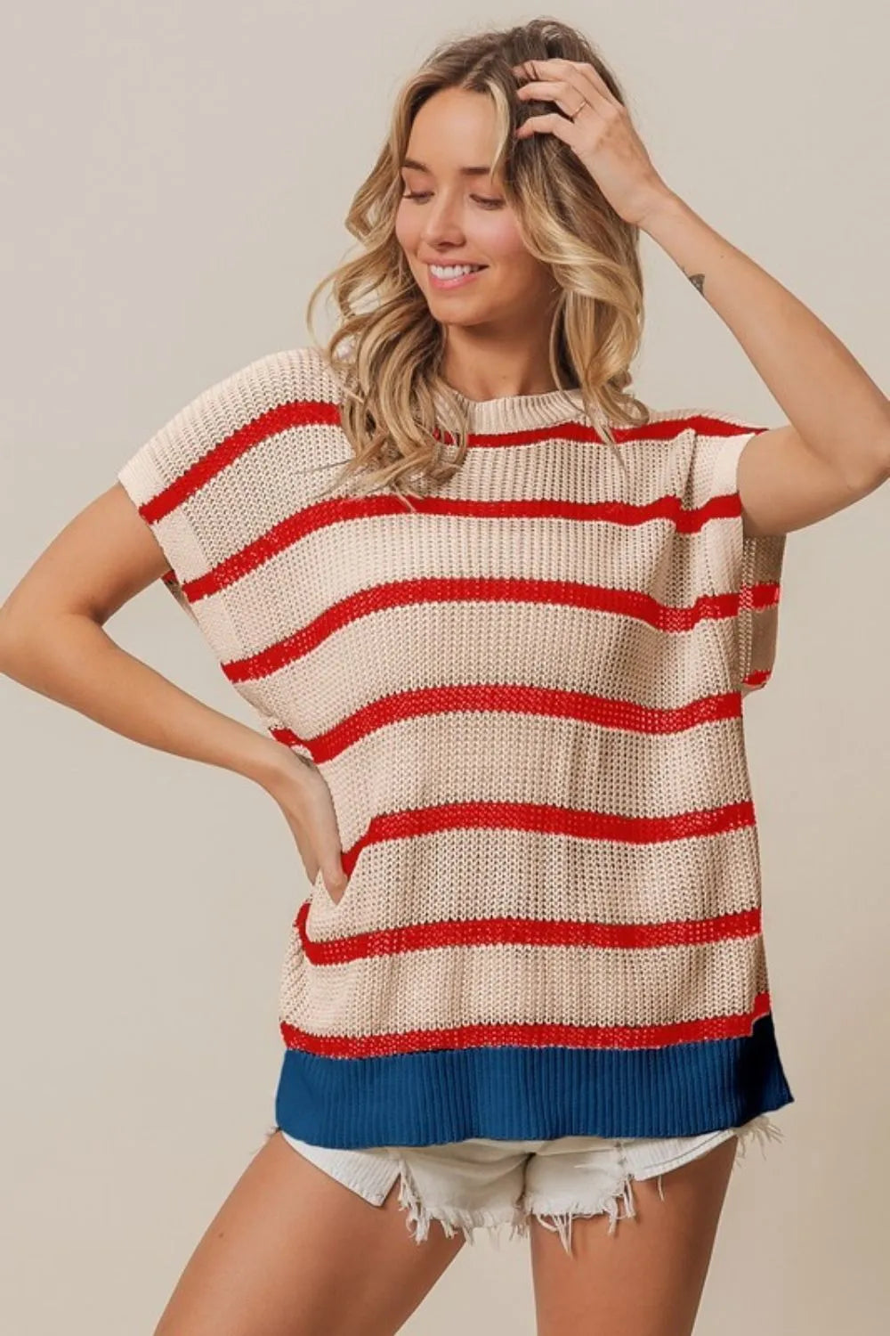 BiBi Fourth Of July Stripe Drop Shoulder Sweater OATMEAL RED NAVY Sweaters