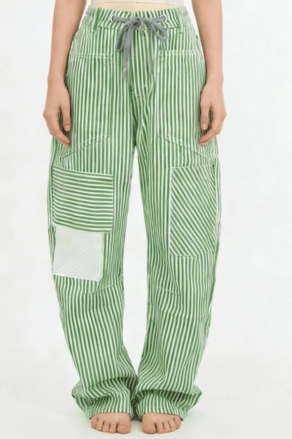 Daverri Striped Wide-Leg Pants in green and white vertical stripes