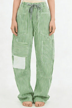 Daverri Striped Wide-Leg Pants in green and white vertical stripes