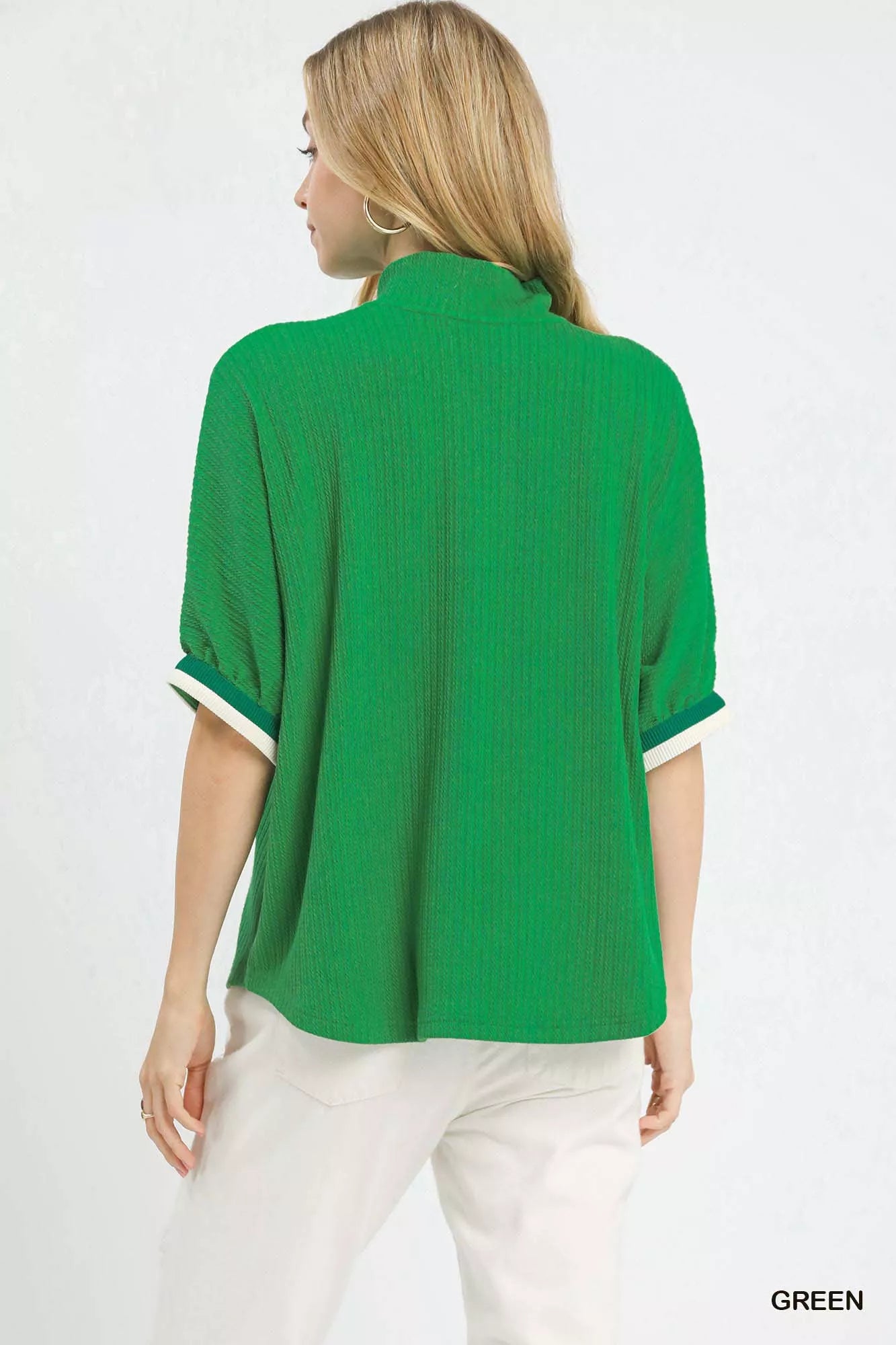 Umgee green textured knit top with white striped trim and collar