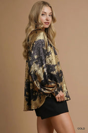 Umgee Metallic Fabric Blouse with Balloon Sleeves | Daverri Fashions