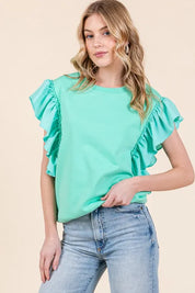 Lime 'N' Chili Solid Shoulder Ruffle Detail Round Neck Top | Tops Daverri Fashions