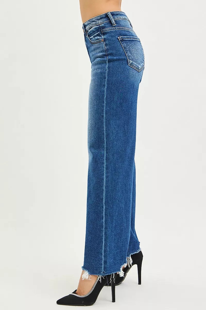 RISEN high-rise wide-leg blue denim jeans with frayed hems
