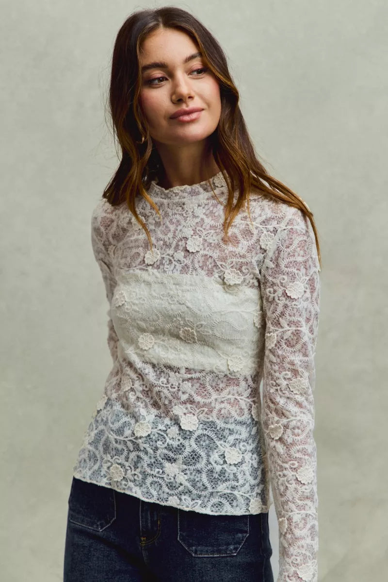 Delicate SO ME ivory lace long-sleeve top with floral embroidery