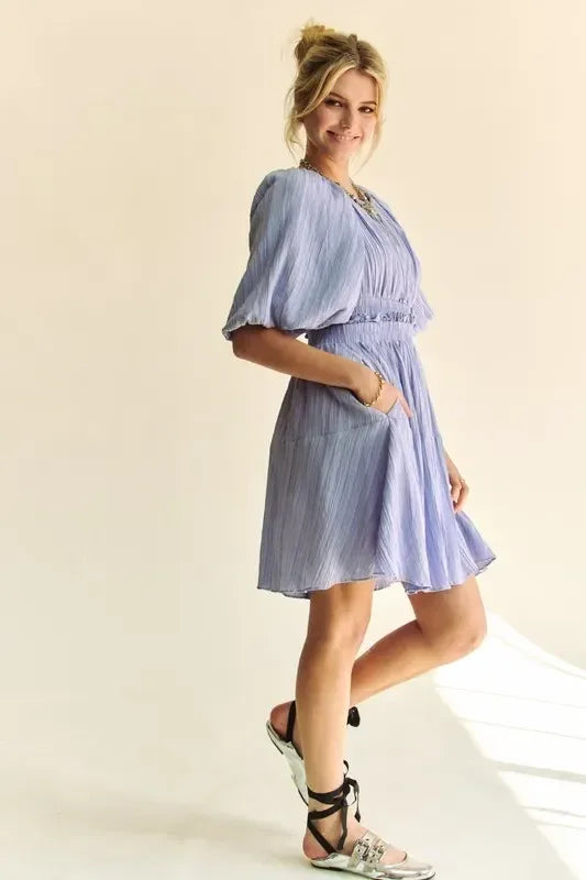 Davi & Dani Back Button Puff Sleeve Mini Dress - DAVERRI FASHIONS