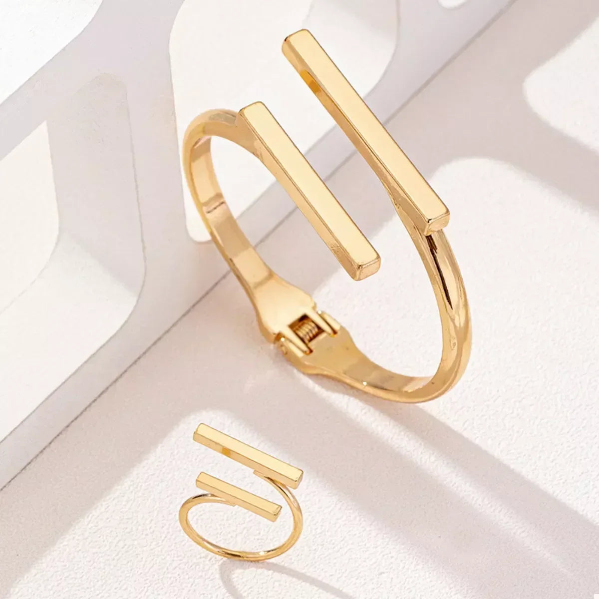 Adjustable 18K Gold-Plated Modern Bar Bracelet and Ring Jewelry Set - DAVERRI FASHIONS