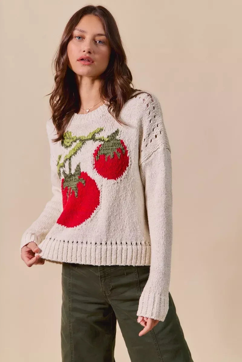 SO ME Vegetable Round Neck Long Sleeve Sweater - DAVERRI FASHIONS