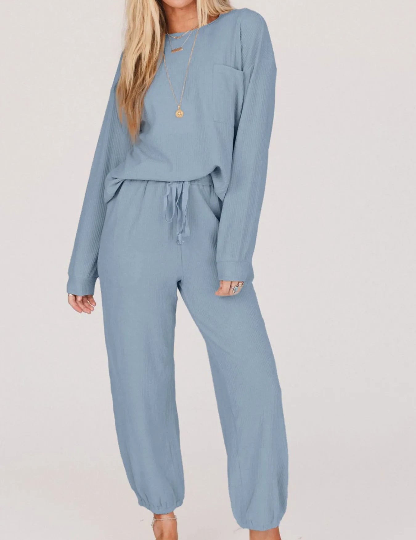 Light Blue Ribbed Round Neck Sweatshirt and Drawstring Pants Set | Loungewear Sets Daverri Fashions