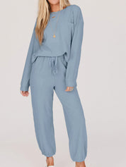 Light Blue Ribbed Round Neck Sweatshirt and Drawstring Pants Set | Loungewear Sets Daverri Fashions