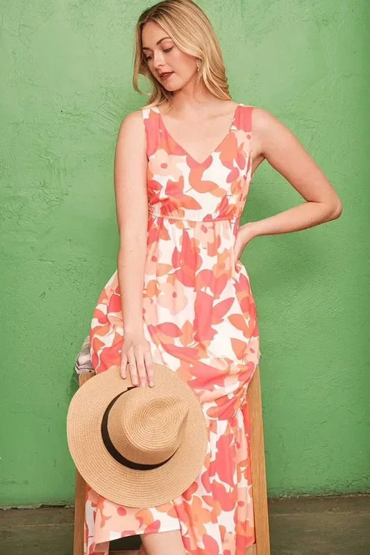Lime 'N' Chili Sleeveless Floral Print V-Neck Midi Dress - DAVERRI FASHIONS