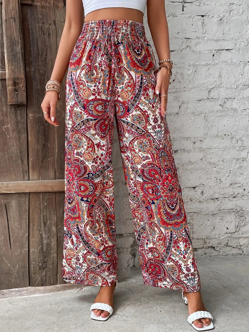 Deep Red Printed Wide Leg Pants | Pants Daverri Fashions