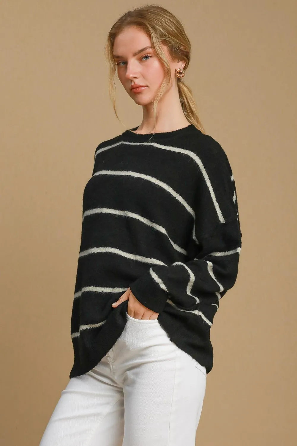 Umgee Wool Blend Striped Round Neck Sweater | Sweaters Daverri Fashions