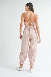 MABLE Washed Fabric Spaghetti Strap Waist Belted Jumpsuit | Jumpsuits Daverri Fashions