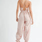 MABLE Washed Fabric Spaghetti Strap Waist Belted Jumpsuit Jumpsuits