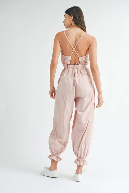 MABLE Washed Fabric Spaghetti Strap Waist Belted Jumpsuit Jumpsuits