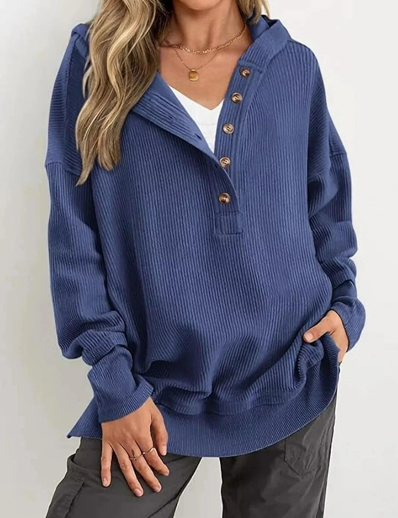 Navy Half Snap Long Sleeve Hoodie | Hoodies Daverri Fashions