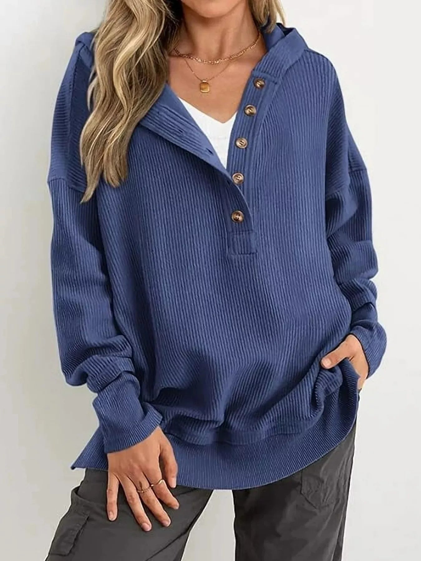 Navy Half Snap Long Sleeve Hoodie | Hoodies Daverri Fashions