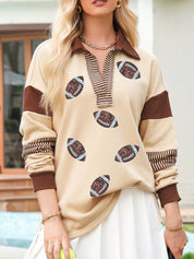 Color Block Striped Patchwork Sequin Rugby Graphic Polo Sweatshirt | Sweatshirts Daverri Fashions