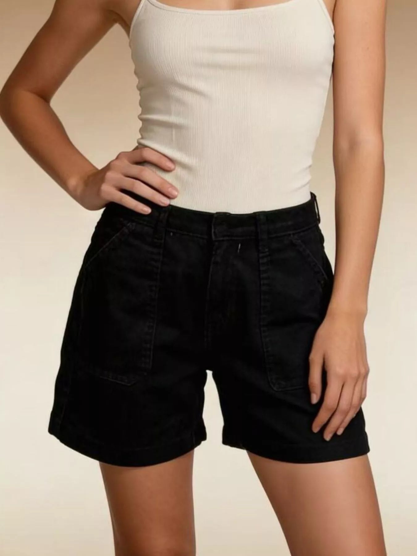 Daverri Pocketed Denim Shorts: black high-waisted 5-pocket rolled cuffs
