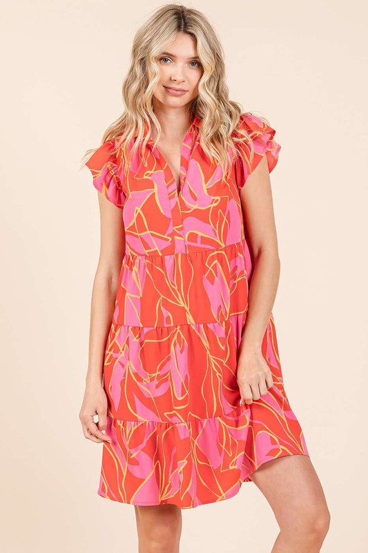 Mittoshop Leaf Print Ruffle Sleeve Tiered Mini Dress Coral Mini Dresses