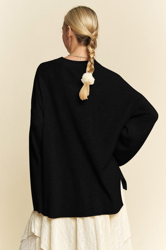 Davi & Dani High-Low Round Neck Drop Shoulder Sweater Tops