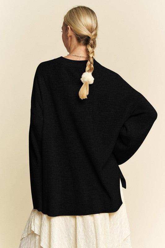 Davi & Dani High-Low Round Neck Drop Shoulder Sweater Sweaters