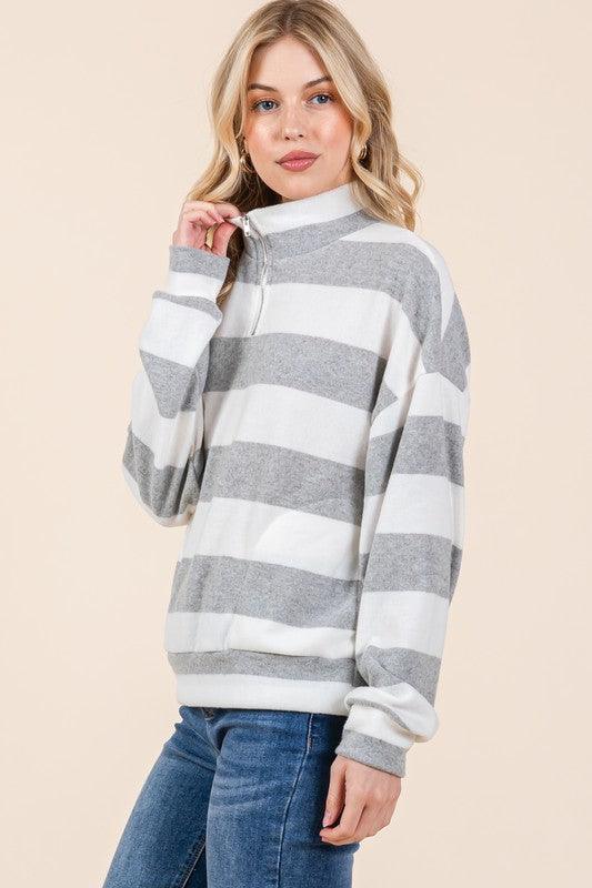 BOMBOM Striped Quarter Zip Drop Shoulder Sweatshirt - DAVERRI FASHIONS