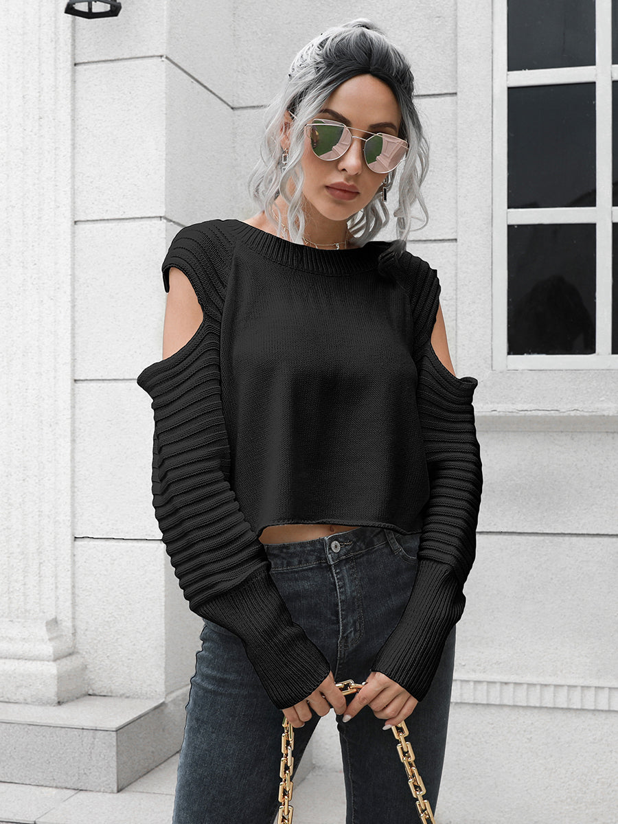 Cold-Shoulder Ribbed Trim Sweater | Sweaters Daverri Fashions