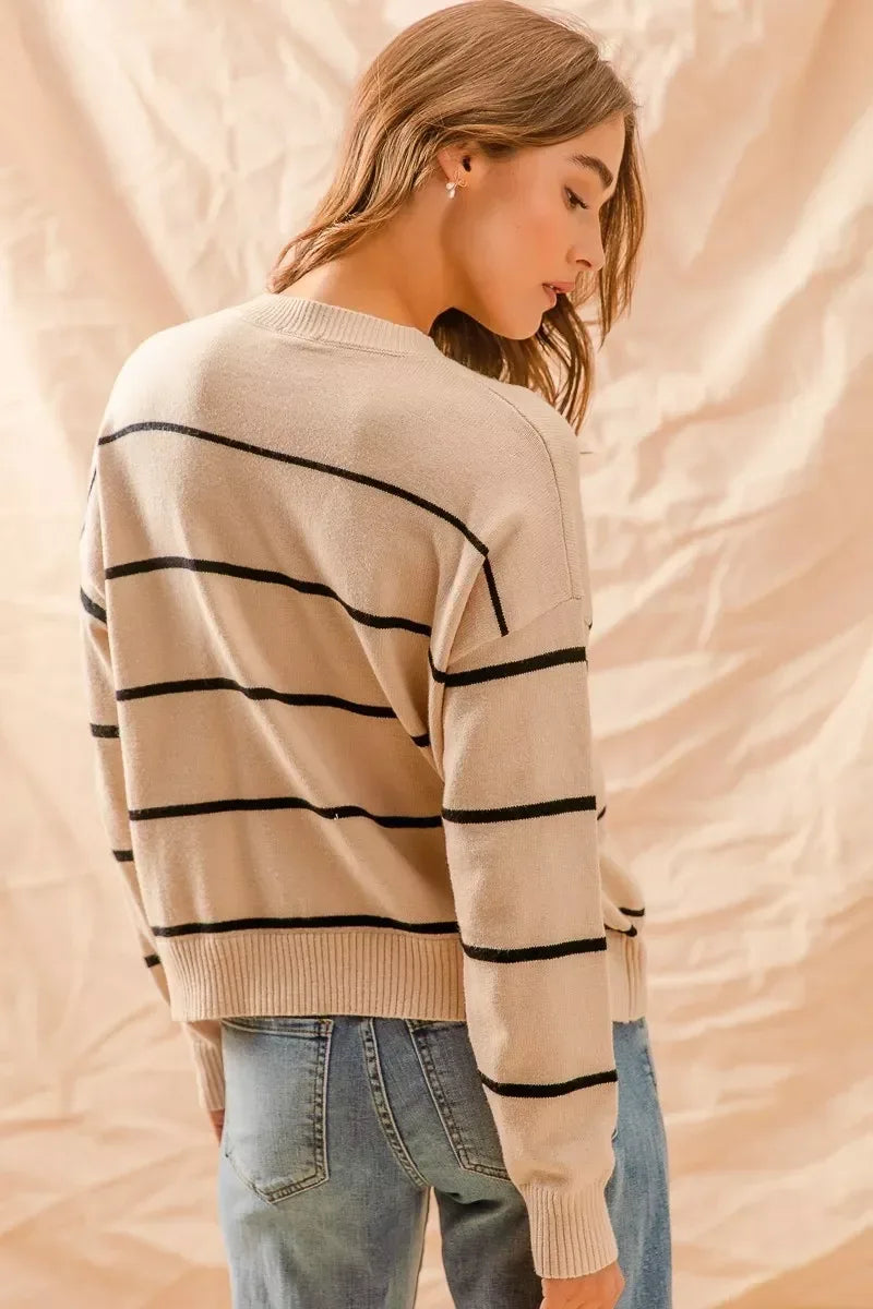 SO ME Stripe Crew Neck Basic Essential Sweater - DAVERRI FASHIONS
