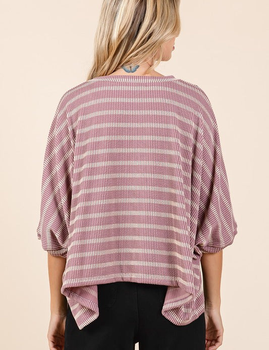 Mittoshop Texture Striped Print Round Neck Dolman Sleeve Top