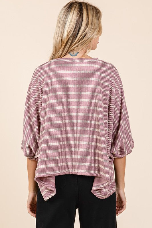 Mittoshop Texture Striped Print Round Neck Dolman Sleeve Top