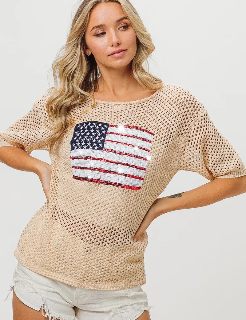 OATMEAL BiBi Sequin American Flag Knit Cover Up | Cover Ups Daverri Fashions