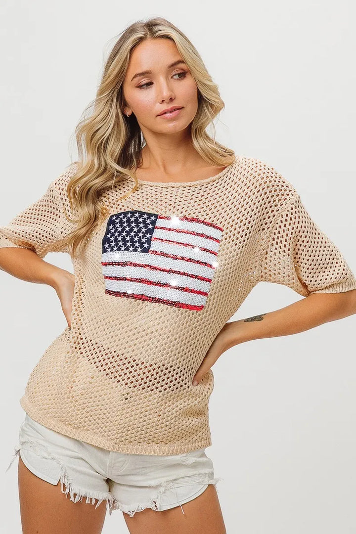 OATMEAL BiBi Sequin American Flag Knit Cover Up | Cover Ups Daverri Fashions