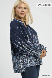 Umgee Midnight Floral Vine Print Blouse with Balloon Sleeves Plus Size | Blouses Daverri Fashions